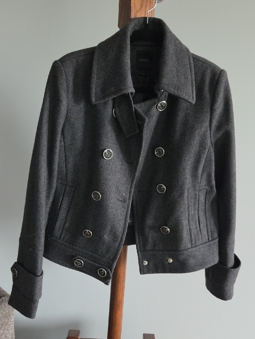 Express Charcoal Gray Double-Breasted Wool Blend Peacoat Jacket